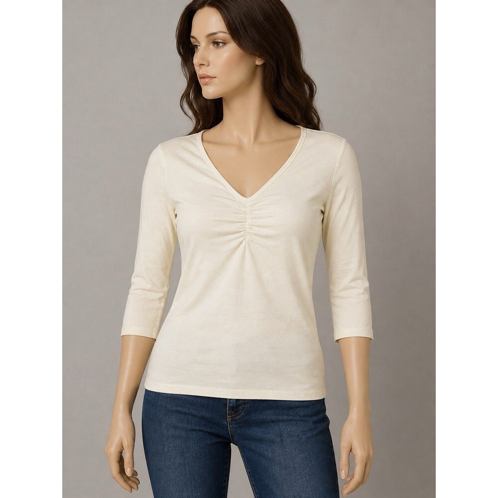 Banana Republic Stretch Women’s Medium Ivory Ruched V-Neck 3/4 Sleeve Top NWT